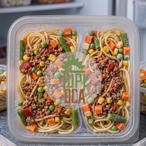 Massa espaghetti, carne moída, legumes